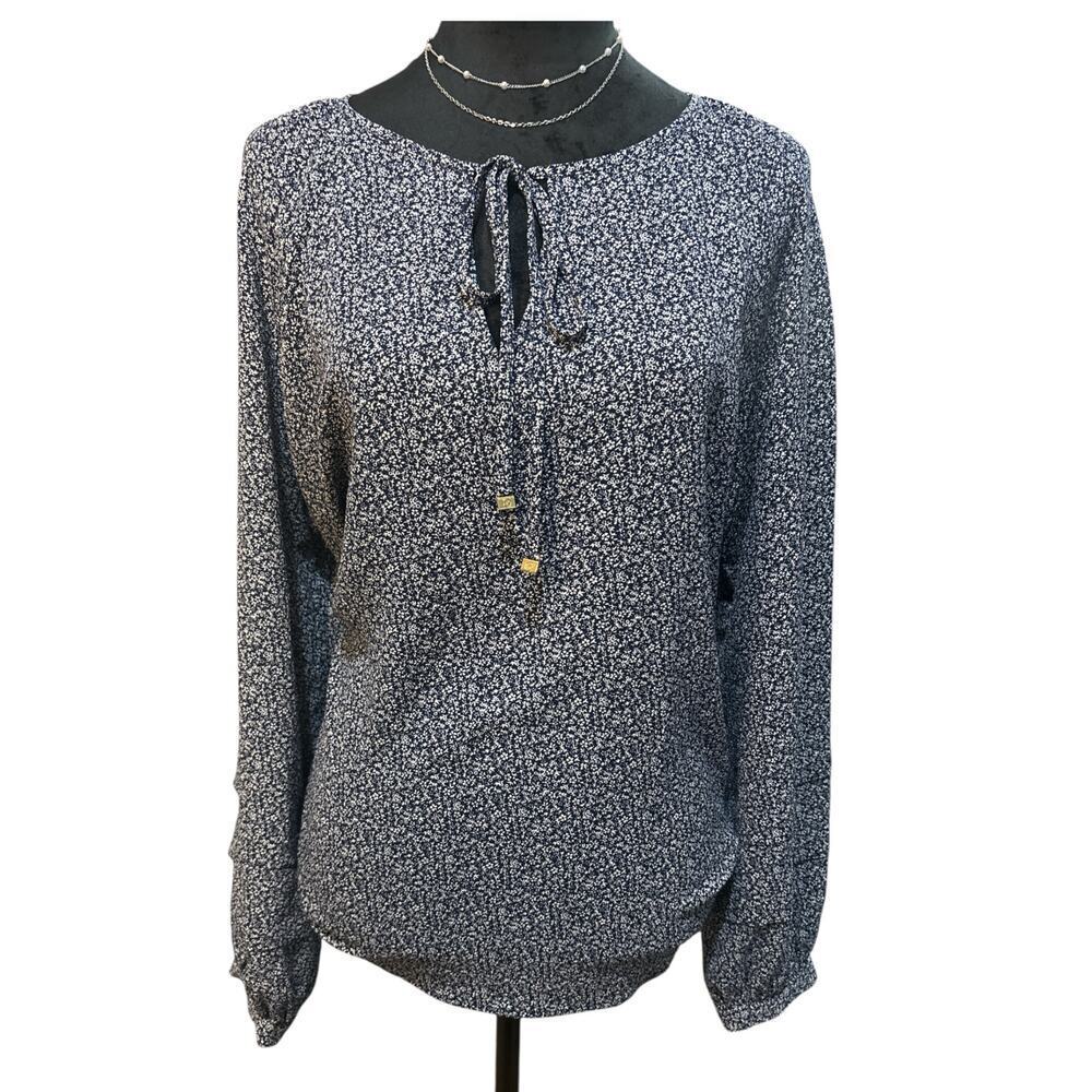 Michael Kors Floral Long Sleeve Blouse,Tie front,MK Logo on Drawstring,SZ L, NWT